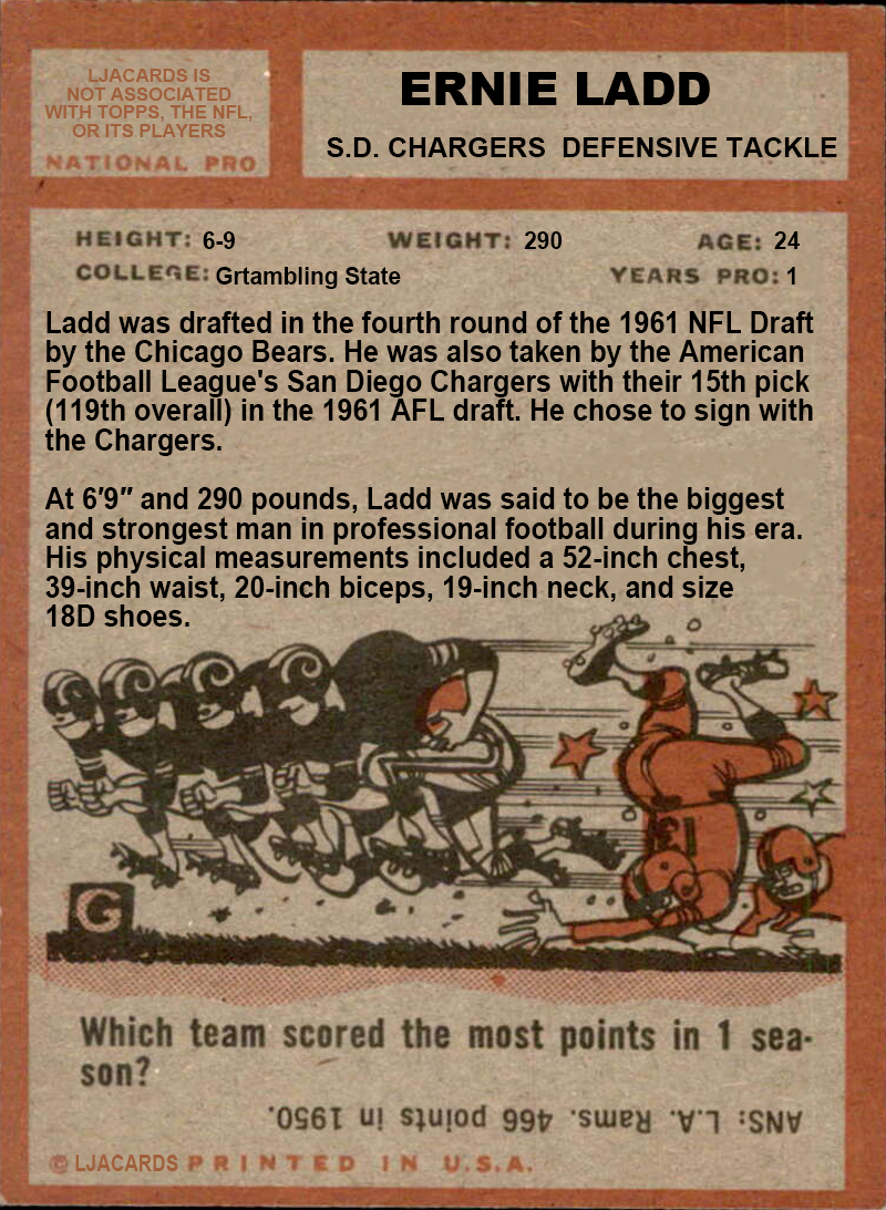 Ernie Ladd – SAN Diego Chargers trading card PW Catalog