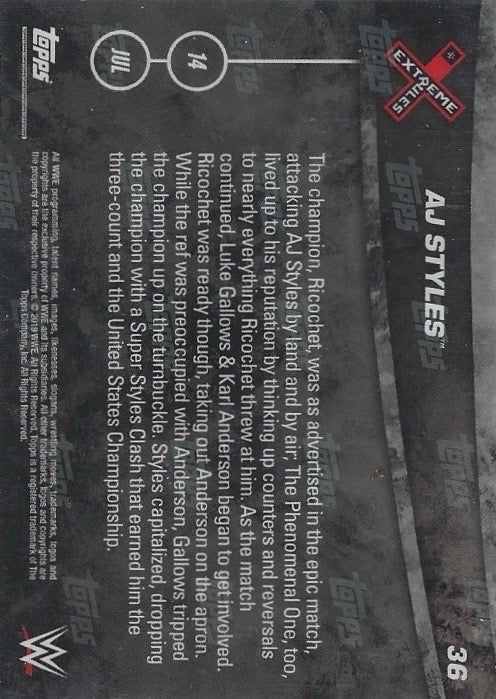 AJ Styles DEF. Ricochet for the United States Championship trading card PW Catalog