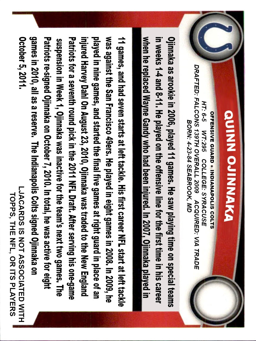 Quinn Ojinnaka – Indianapolis Colts trading card PW Catalog