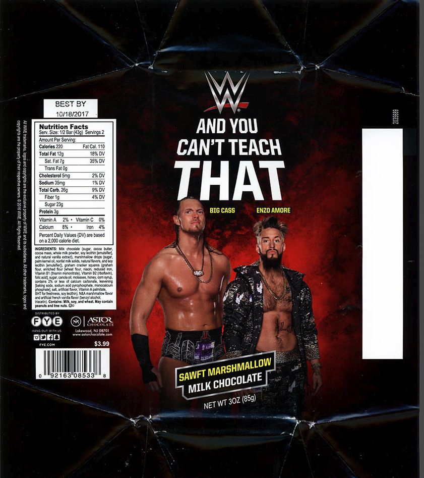 WWE Enzo & Big Cass FYE Chocolate Bar 2016 And You Cant Teach That Sawft Marshmallow Milk Chocolate PWcatalog