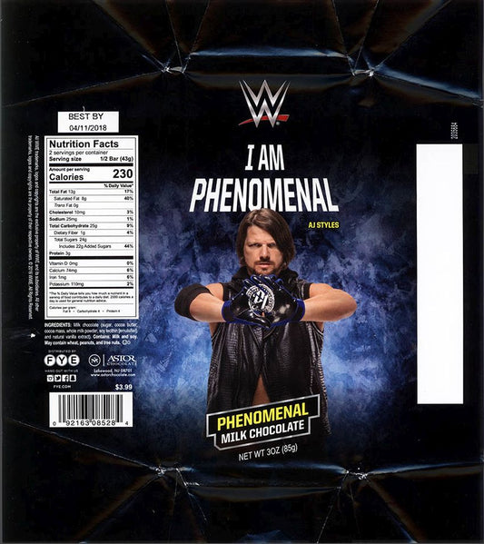 WWE AJ Styles FYE Chocolate Bar 2016 I Am Phenomenal Phenomenal Milk Chocolate PWcatalog