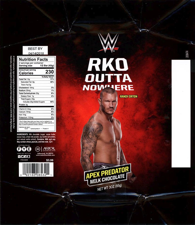 WWE Randy Orton FYE Chocolate Bar 2016 RKO Outta Nowhere Apex Predator Milk Chocolate PWcatalog