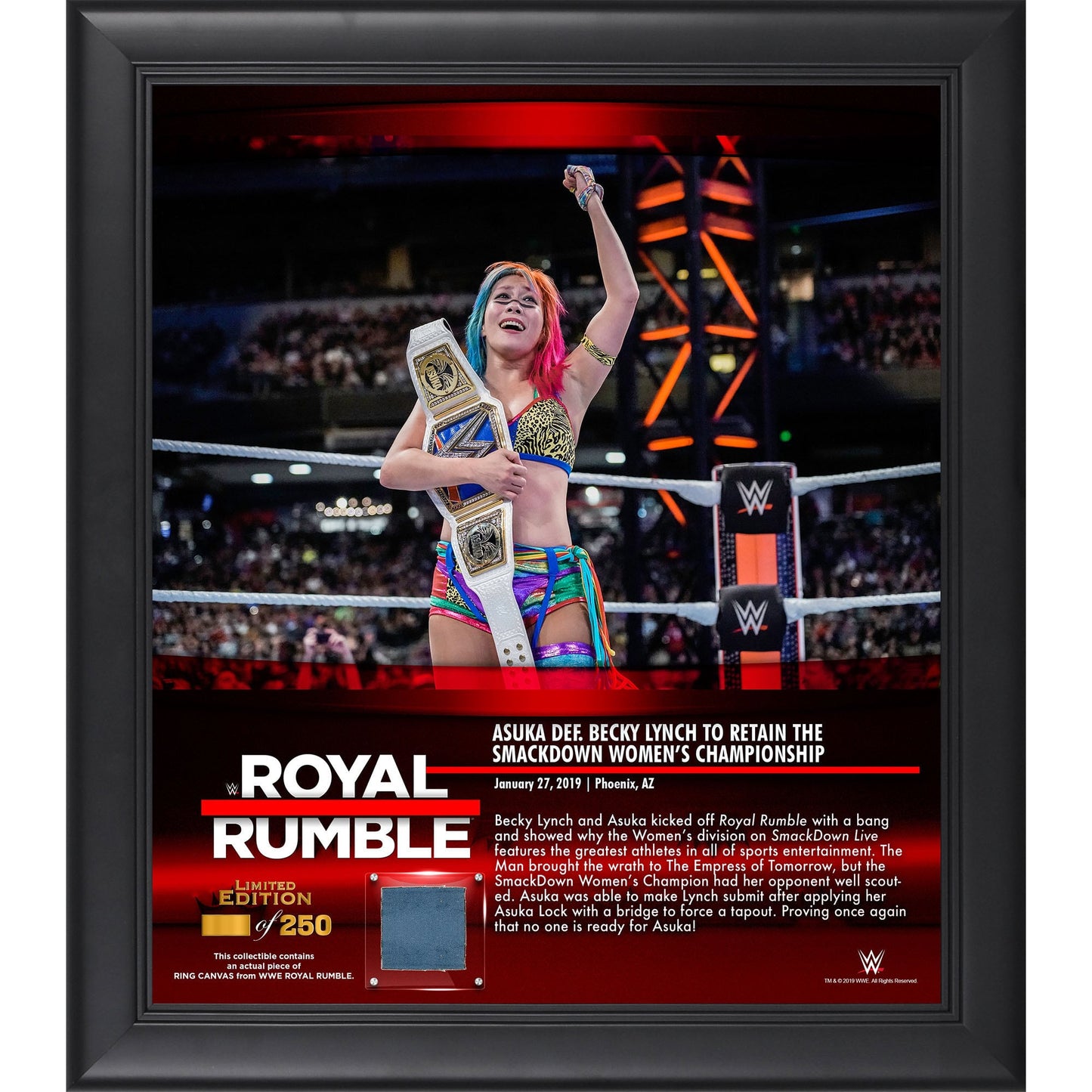 Asuka Framed 15" x 17" 2019 Royal Rumble Collage with a Piece of Match-Used Canvas - Limited Edition of 250
