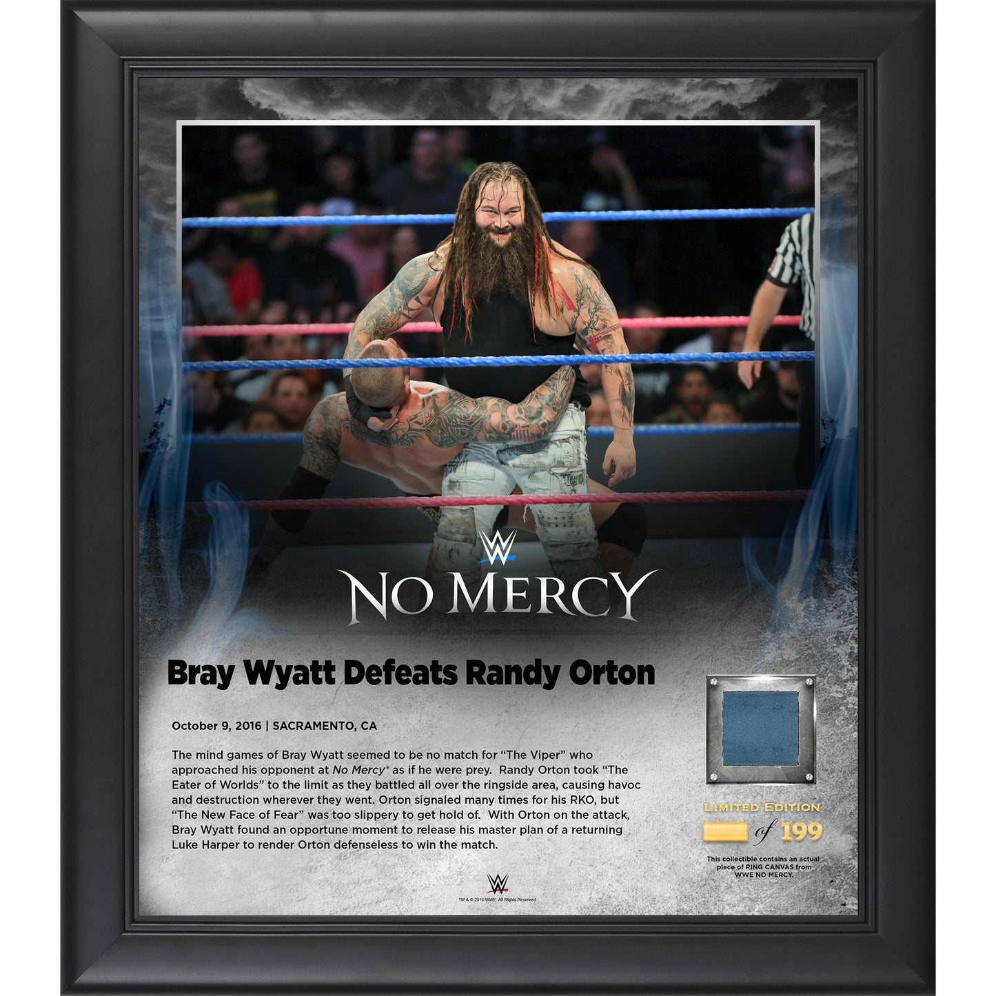 Bray Wyatt Framed 15" x 17" 2016 No Mercy Collage with a Piece of Match-Used Canvas - Limited Edition of 199
