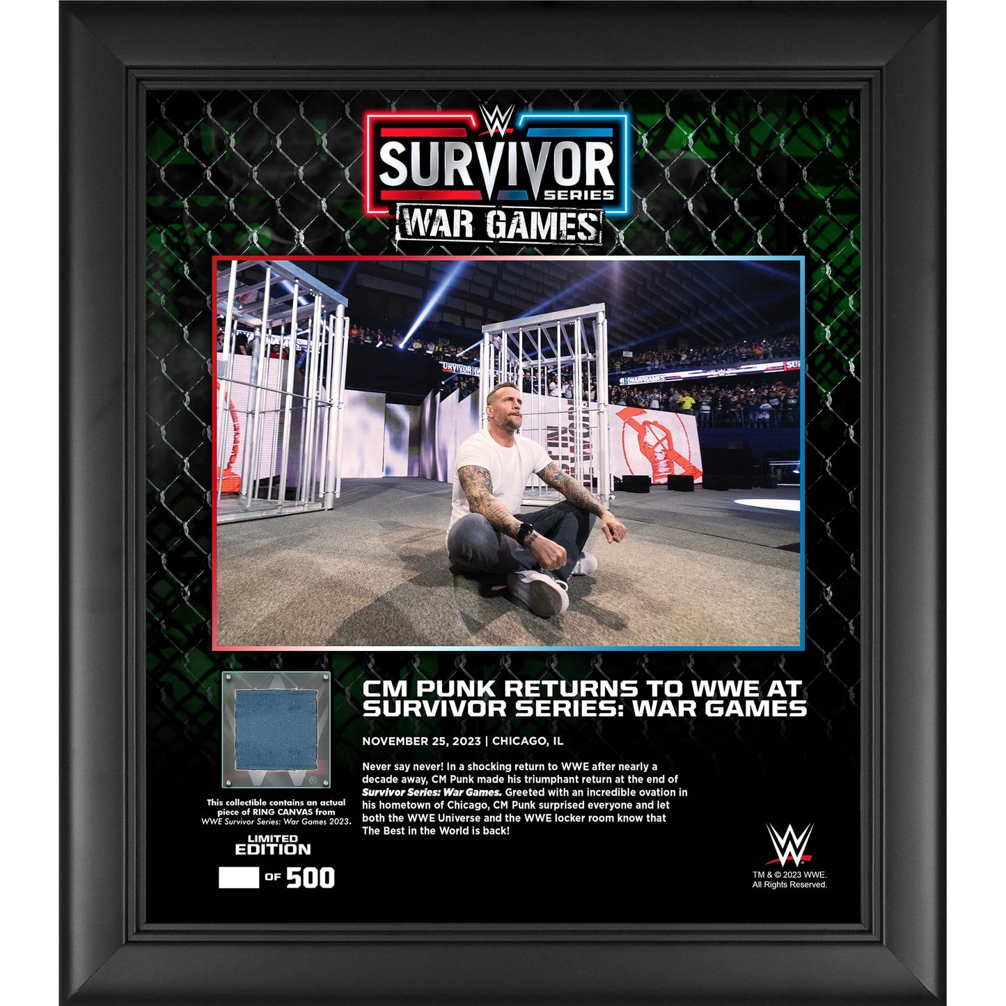CM Punk WWE Framed 15" x 17" 2023 Survivor Series Collage with a Piece of Match-Used Canvas - Limited Edition of 500