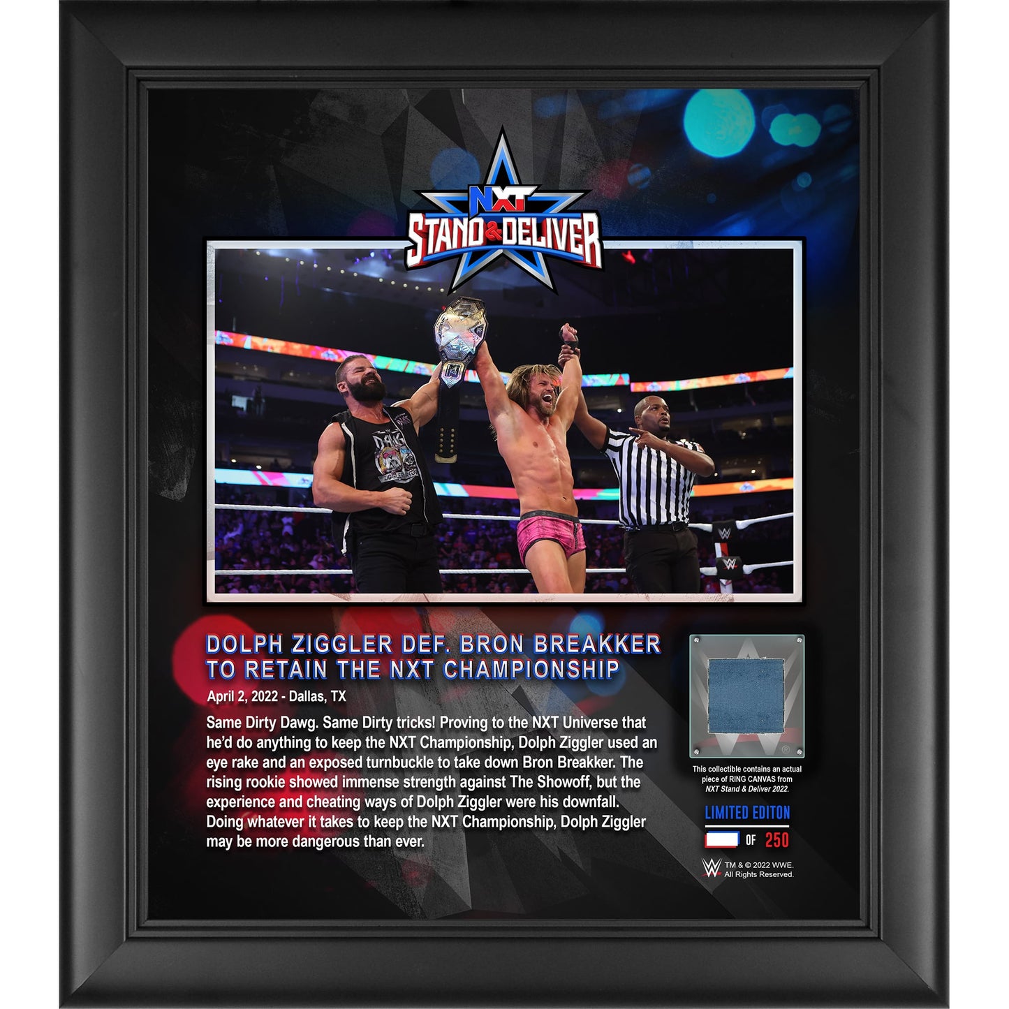 Dolph Ziggler NXT 2.0 Framed 15'' x 17'' 2022 Stand & Deliver Core Frame with a Piece of Match-Used Canvas - Limited Edition of 250