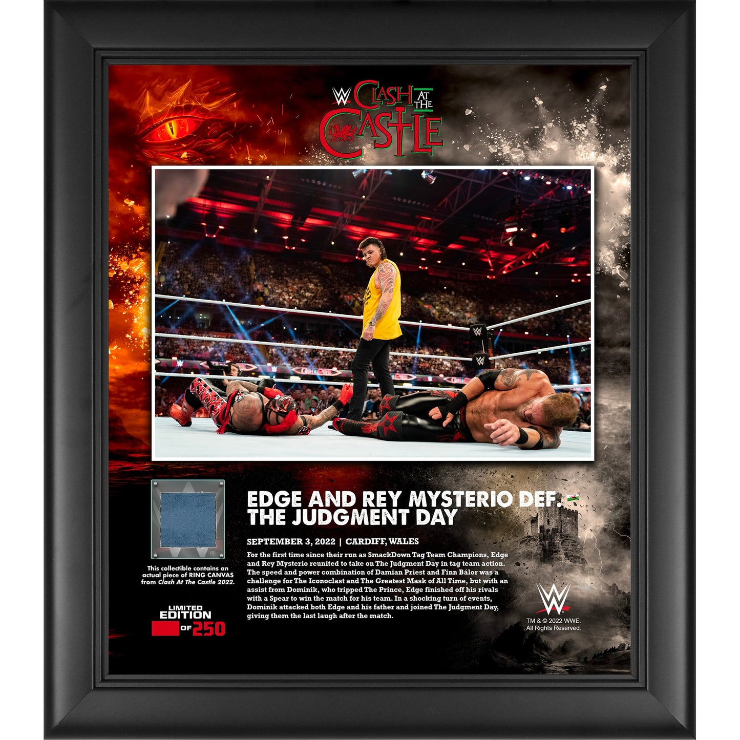 Edge and Rey Mysterio WWE Framed 15" x 17" 2022 Clash at the Castle Collage with a Piece of Match-Used Canvas - Limited Edition of 250