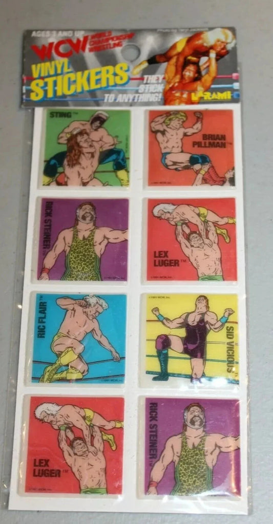 1991 Larami WCW Jumbo Vinyl Stickers (set of 18 on 3 cards) PW Catalog