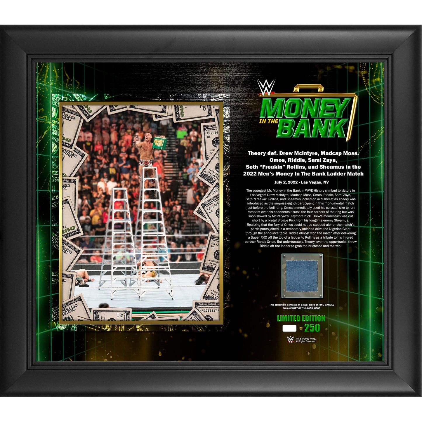 Theory Framed 15'' x 17'' 2022 Money in the Bank Collage with a Piece of Match-Used Canvas - Limited Edition of 250