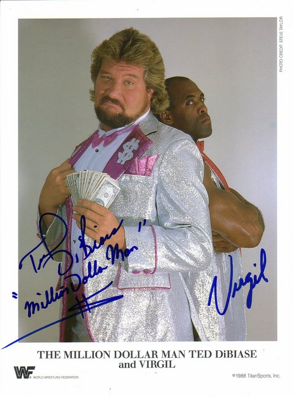 1988 Million Dollar Man Ted Dibiase w/Virgil color (signed by both) PWcatalog