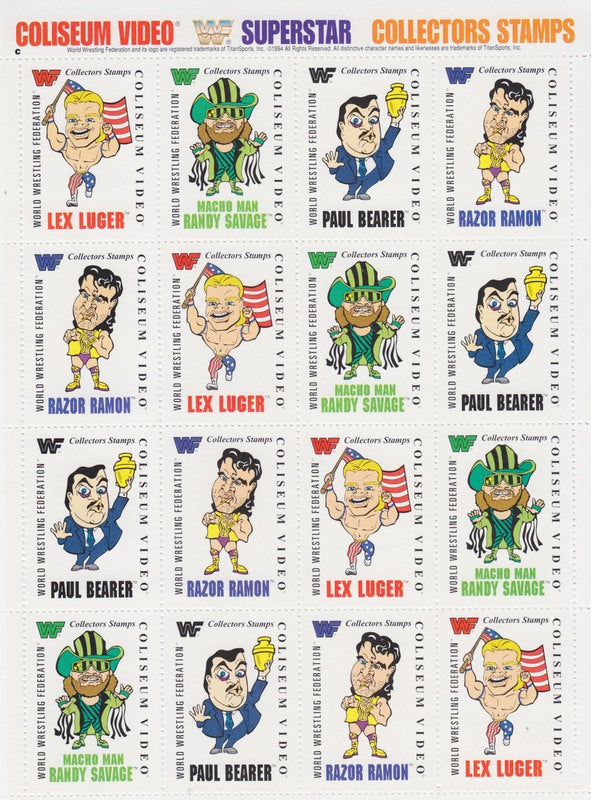 1994 Coliseum Video WWF Stamp Sheet Set (48 Stamps over 3 Sheets) PW Catalog