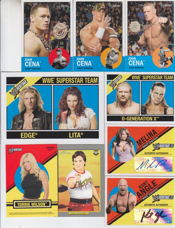 2006 Topps WWE Heritage II Trading Cards Set Nm (90+Turkey Hobby/Retail, Magnets,Boxtopper,Tin, Team insert sets, Melina & Angle Autographs,Magazine promo card set of 6) PW Catalog
