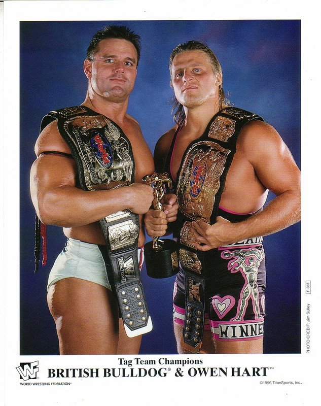 1996 WWF TAG TEAM CHAMPIONS British Bulldog , Owen Hart P363a color PW Catalog