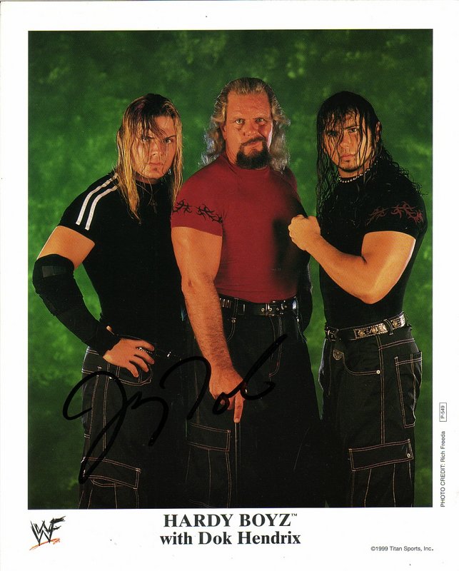 1999 Hardy Boyz w/Dok Hendrix P549 (debut/Jeff signed) color – PW