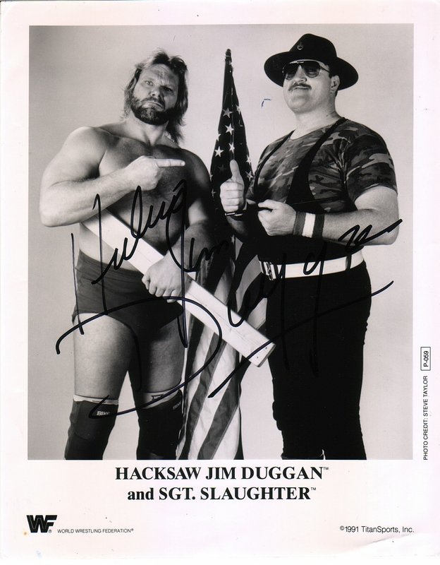 1991 Hacksaw Jim Duggan (signed), Sgt. Slaughter P059 b/w PW Catalog