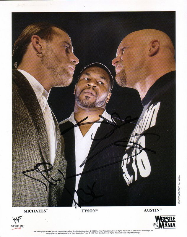 1998 Wrestlemania 14 Austin vs. Michaels (signed) w/Tyson color PWcatalog