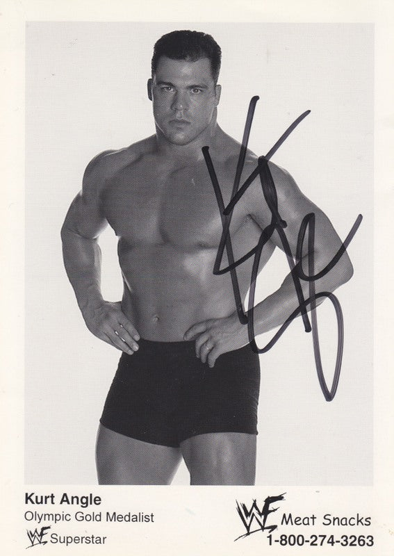 1999 Kurt Angle (signed) Meat Snacks 5x7 promo b/w PW Catalog