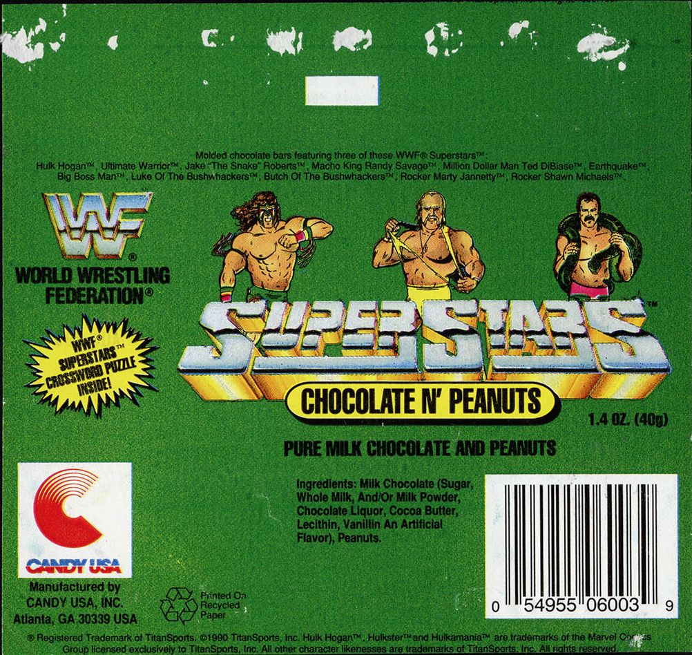 WWF Milk Chocolate bar Hulk Hogan, Ultimate Warrior & Jake The Snake Roberts Candy USA 1991 PWcatalog