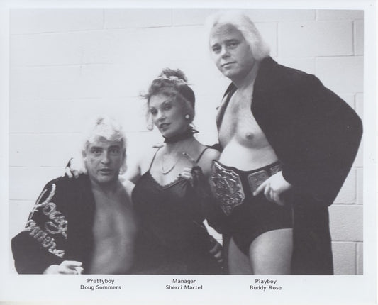1980s AWA TAG TEAM CHAMPIONS Pretty Boy Doug Sommers Playboy Buddy Rose w/Sherri Martell Promo Photo