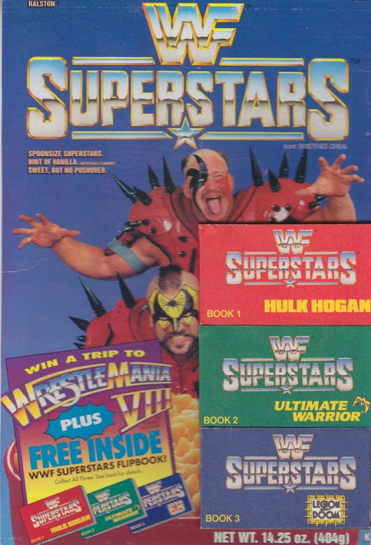 1991 WWF Superstars Cereal Ralston Purina Flip Books Set (3)w/Cereal Box Front Approx 2017 value:$50