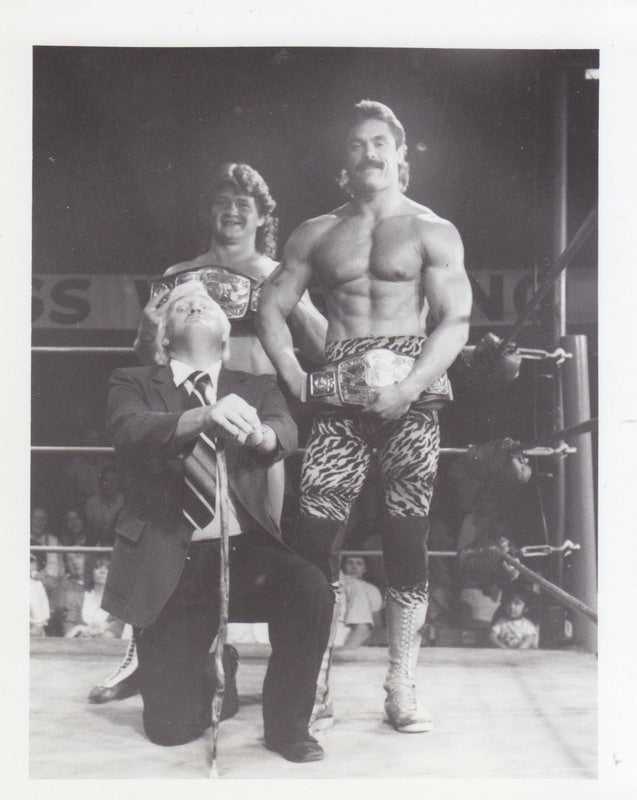 1985 NWA CWF U.S. TAG TEAM CHAMPIONS Rick Rude Art Barr w/Percy Pringle 4x5 Promo Photo PWcatalog