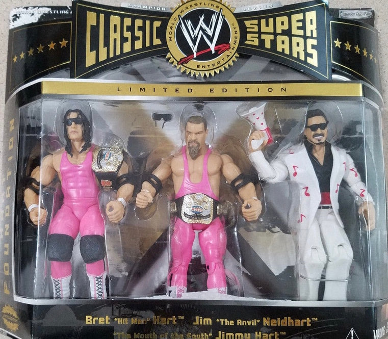 WWE Jakks Pacific Classic Superstars 3-Packs 4 Hart Foundation: Bret "Hit Man" Hart, Jim "The Anvil" Neidhart & "The Mouth of the South" Jimmy Hart Action & Toy Figures PWcatalog