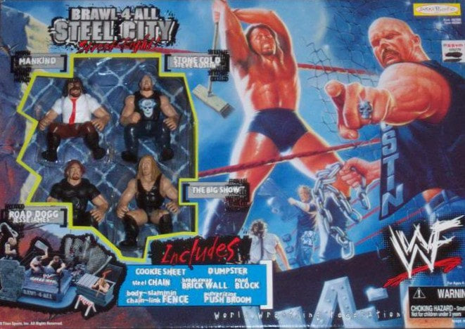 1999 WWF Jakks Pacific Brawl-4-All Steel City Street Fight: Mankind, Stone Cold Steve Austin, Road Dogg Jesse James & The Big Show Action & Toy Figures PWcatalog