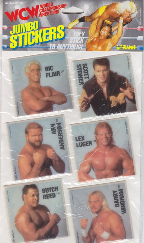 1991 Larami WCW Jumbo Vinyl Stickers (set of 18 on 3 cards) PW Catalog