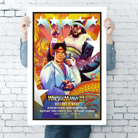WrestleMania III Ricky Steamboat vs Randy Savage Legendary Moments Poster Wall art PW Catalog
