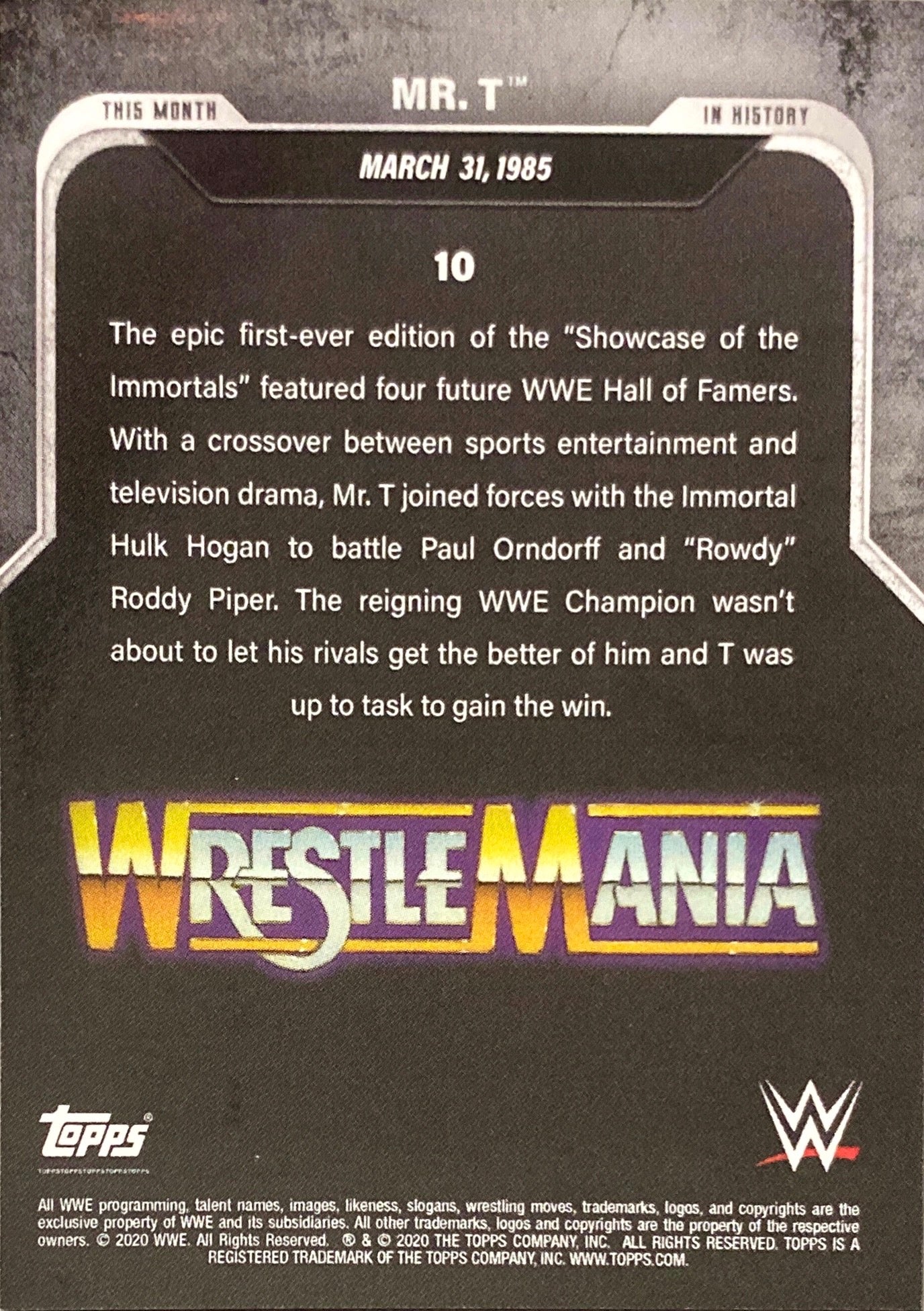 Wrestlemania – March 31, 1985 MR. T & Hulk Hogan DEF. Paul Orndorff & “Rowdy” Roddy Piper trading card PW Catalog