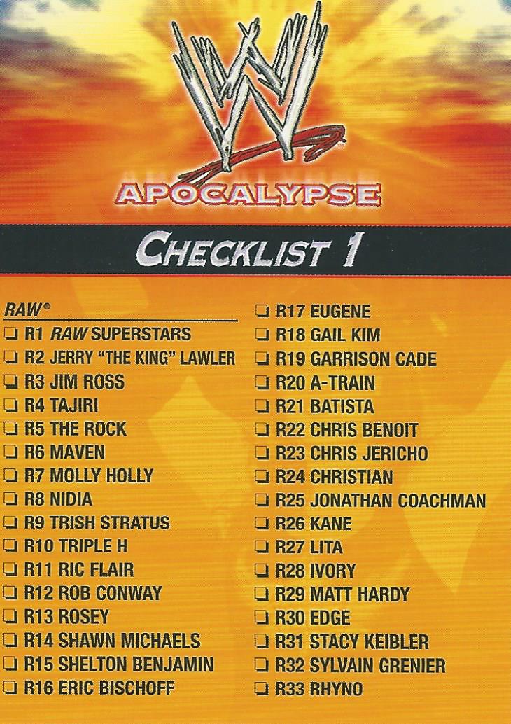 WWE Topps Apocalypse 2004 Checklist 1 C1 trading card PW Catalog