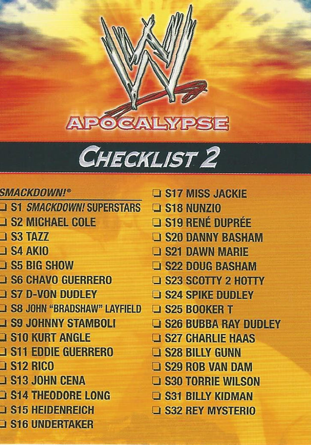 WWE Topps Apocalypse 2004 Checklist 2 C2 trading card PW Catalog