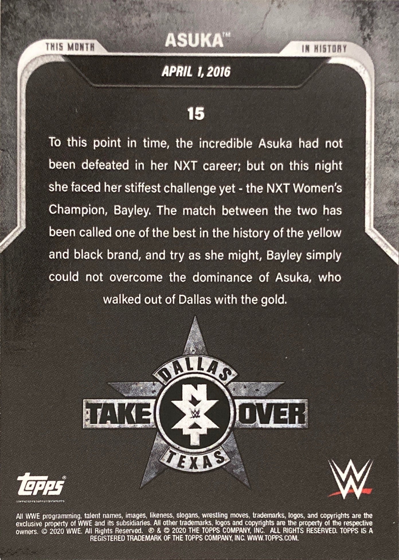 NXT Takeover Dallas Texas – April 1, 2016 Asuka Wins the NXT Women’s Championship