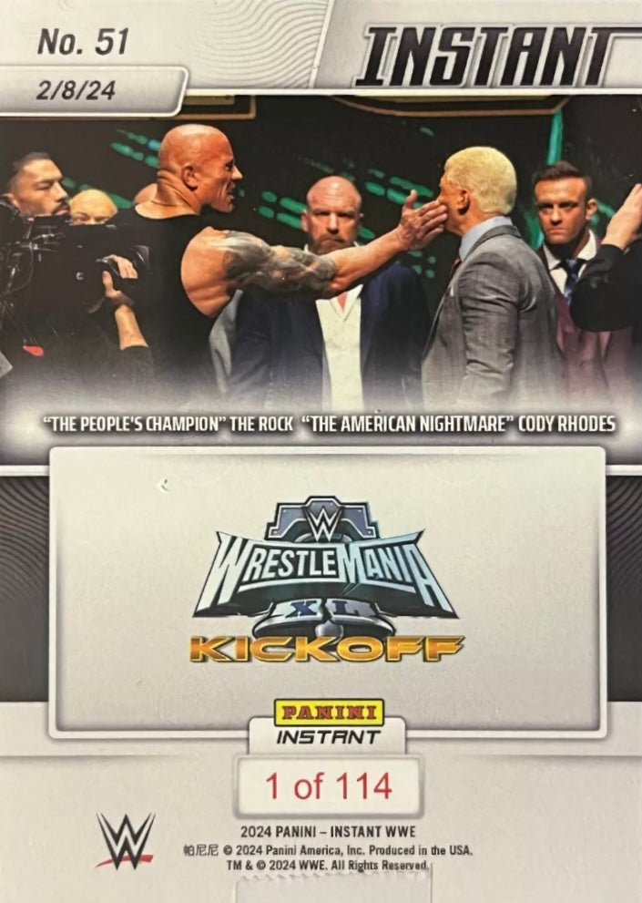 “The People’s Champion” the Rock / “the American Nightmare” Cody Rhodes – “the Slap Heard ‘Round the World” trading card PW Catalog