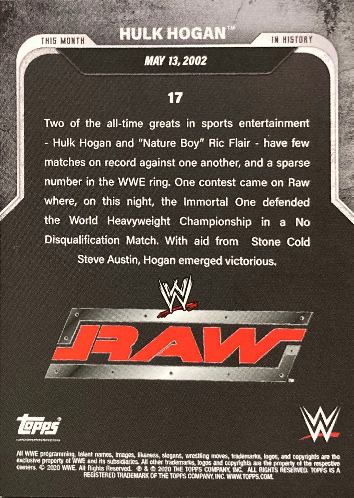 RAW – MAY 13, 2002 Hulk Hogan DEF. RIC Flair trading card PW Catalog