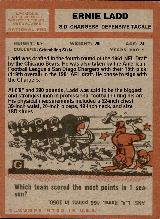 Ernie Ladd – SAN Diego Chargers trading card PW Catalog