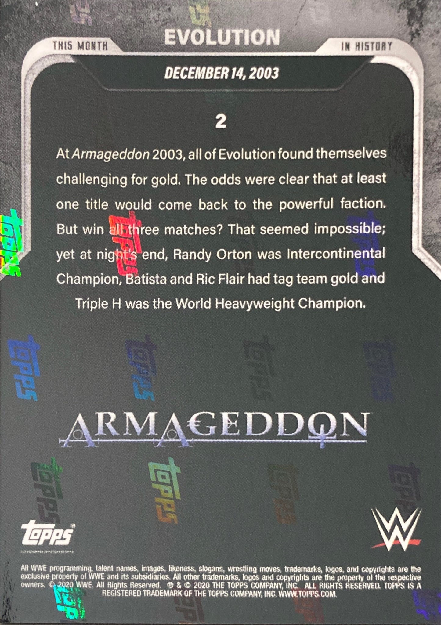 Armageddon – December 14, 2003 Evolution Takes All the Gold trading card PW Catalog