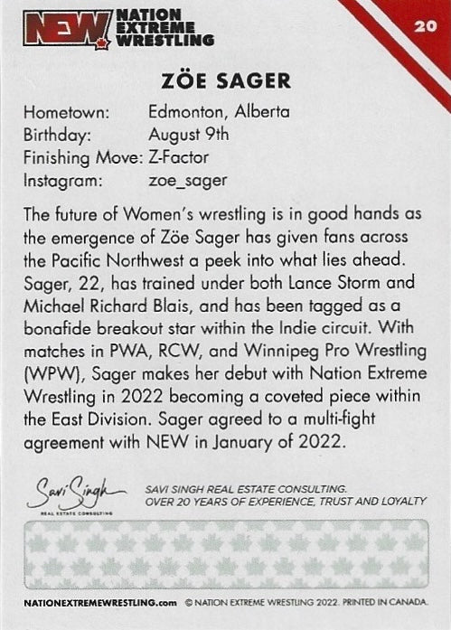 ZOE Sager trading card PW Catalog