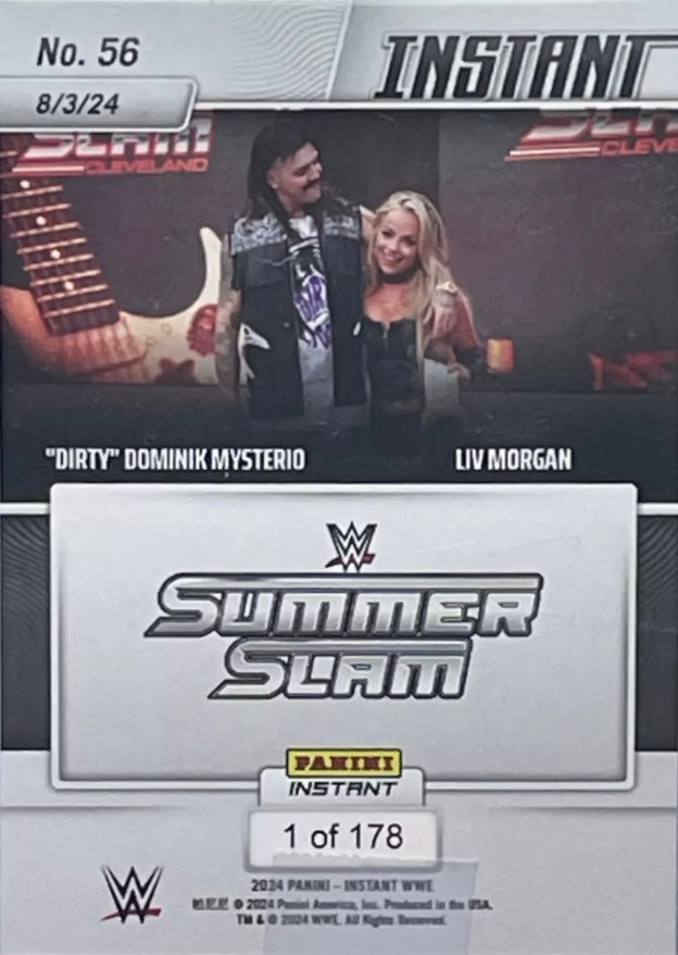 “Dirty” Dominik Mysterio / LIV Morgan – “Dirty” Dominik Mysterio and LIV Morgan Lock Lips at Summerslam trading card PW Catalog