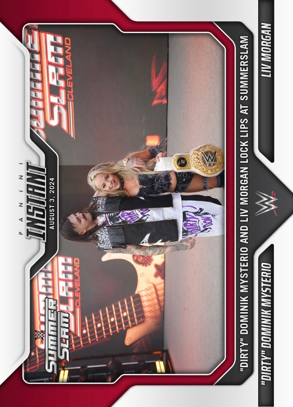 “Dirty” Dominik Mysterio / LIV Morgan – “Dirty” Dominik Mysterio and LIV Morgan Lock Lips at Summerslam trading card PW Catalog