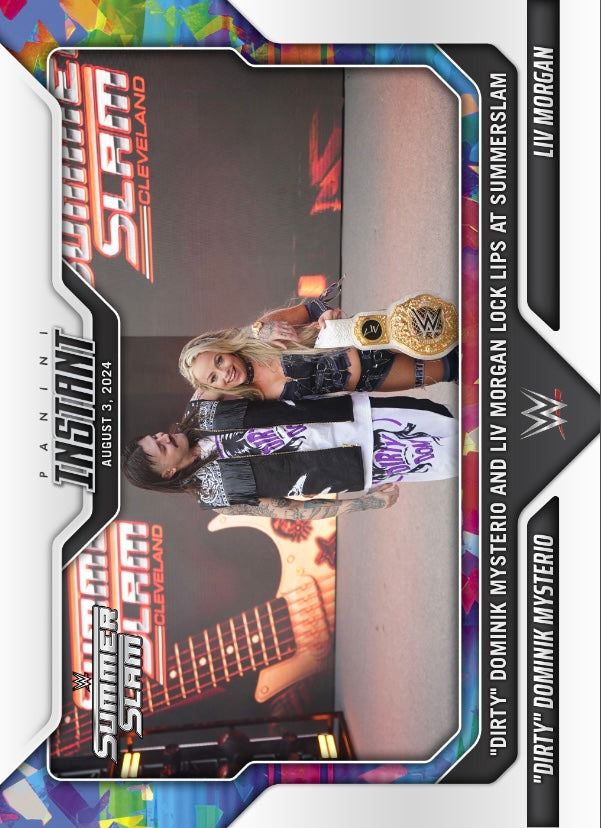 “Dirty” Dominik Mysterio / LIV Morgan – “Dirty” Dominik Mysterio and LIV Morgan Lock Lips at Summerslam trading card PW Catalog