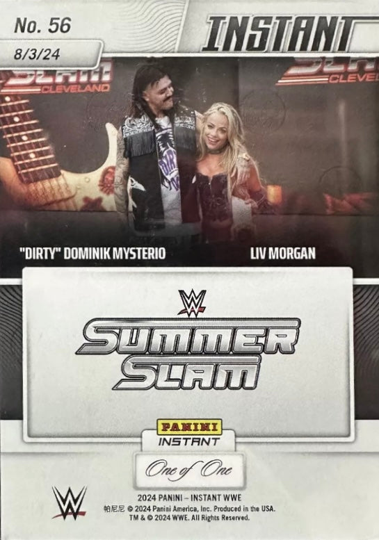 “Dirty” Dominik Mysterio / LIV Morgan – “Dirty” Dominik Mysterio and LIV Morgan Lock Lips at Summerslam trading card PW Catalog