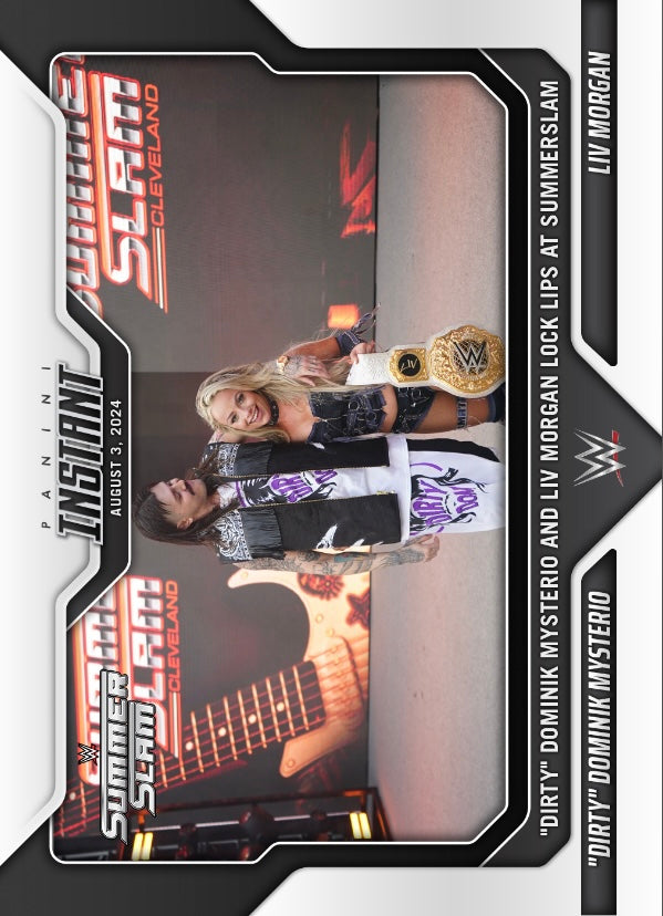 “Dirty” Dominik Mysterio / LIV Morgan – “Dirty” Dominik Mysterio and LIV Morgan Lock Lips at Summerslam trading card PW Catalog