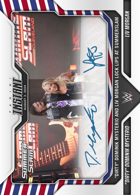 “Dirty” Dominik Mysterio / LIV Morgan – “Dirty” Dominik Mysterio and LIV Morgan Lock Lips at Summerslam trading card PW Catalog