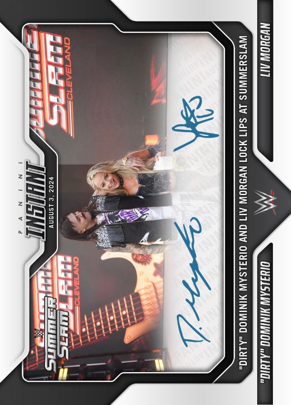 “Dirty” Dominik Mysterio / LIV Morgan – “Dirty” Dominik Mysterio and LIV Morgan Lock Lips at Summerslam trading card PW Catalog