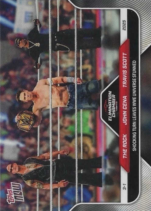 The Rock / John Cena / Travis Scott Shocking Turn Leaves WWE Universe Stunned trading card PW Catalog