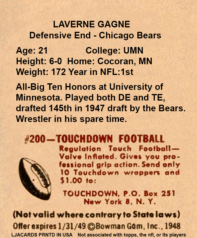 Laverne Gagne – Chicago Bears trading card PW Catalog