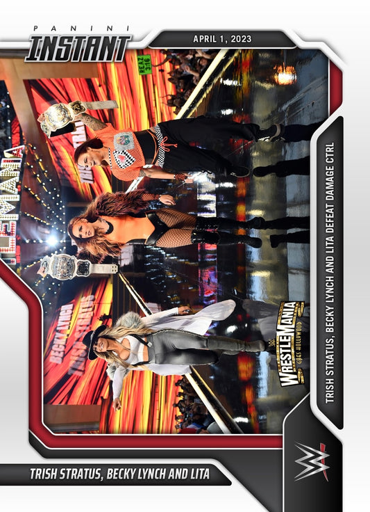 Trish Stratus, Becky Lynch and Lita – Trish Stratus, Becky Lynch and Lita Defeat Damage Ctrl trading card PW Catalog