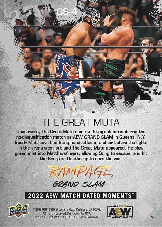 The Great Muta – the Great Muta Comes to Sting’s Rescue and Blows the Green Mist Into Buddy Matthews’ Eyes trading card PW Catalog