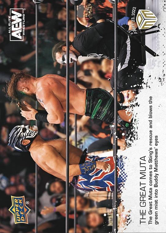 The Great Muta – the Great Muta Comes to Sting’s Rescue and Blows the Green Mist Into Buddy Matthews’ Eyes trading card PW Catalog